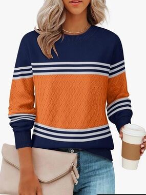 NWT Crew Neck Colorblock Knit Pullover Sweater in Navy & Orange size Lage
